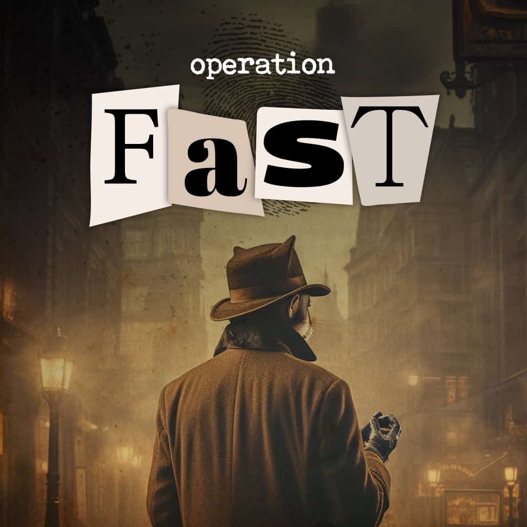 Ein Blick auf einen Mann in einem Trenchcoat und Hut in einer düsteren Stadt bei Nacht, für das Esca.